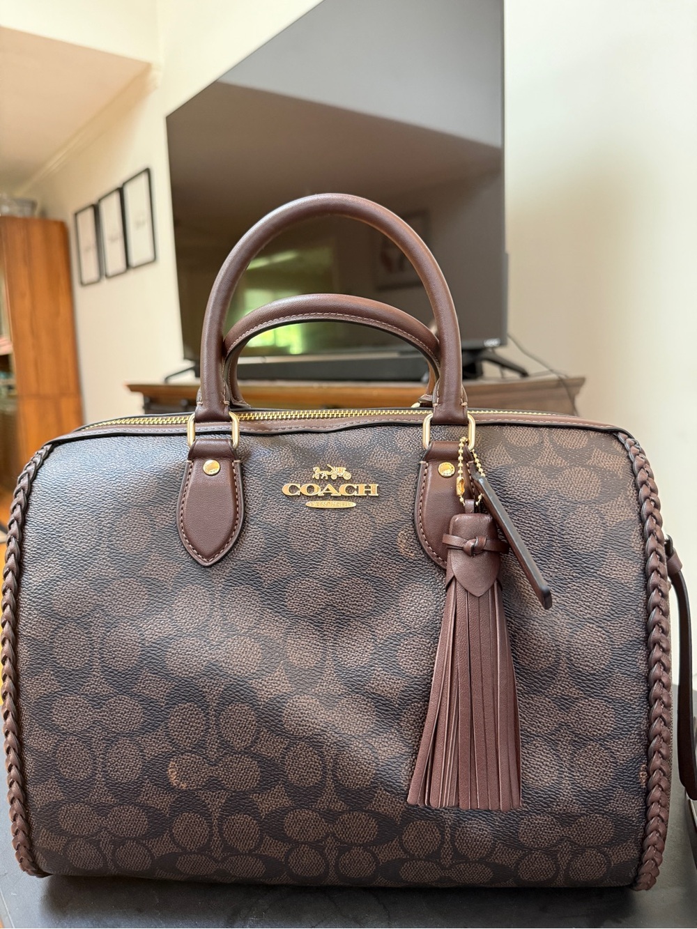 Coach Brown Signature Canvas Satchel with Tassel Charm